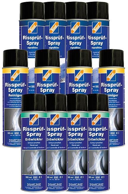Risspr&#252;f-Spray-Set, 4x Risspr&#252;f-Spray „Reiniger“, 4x Risspr&#252;f-Spray „signalblau“, 4x Risspr&#252;f-Spray 